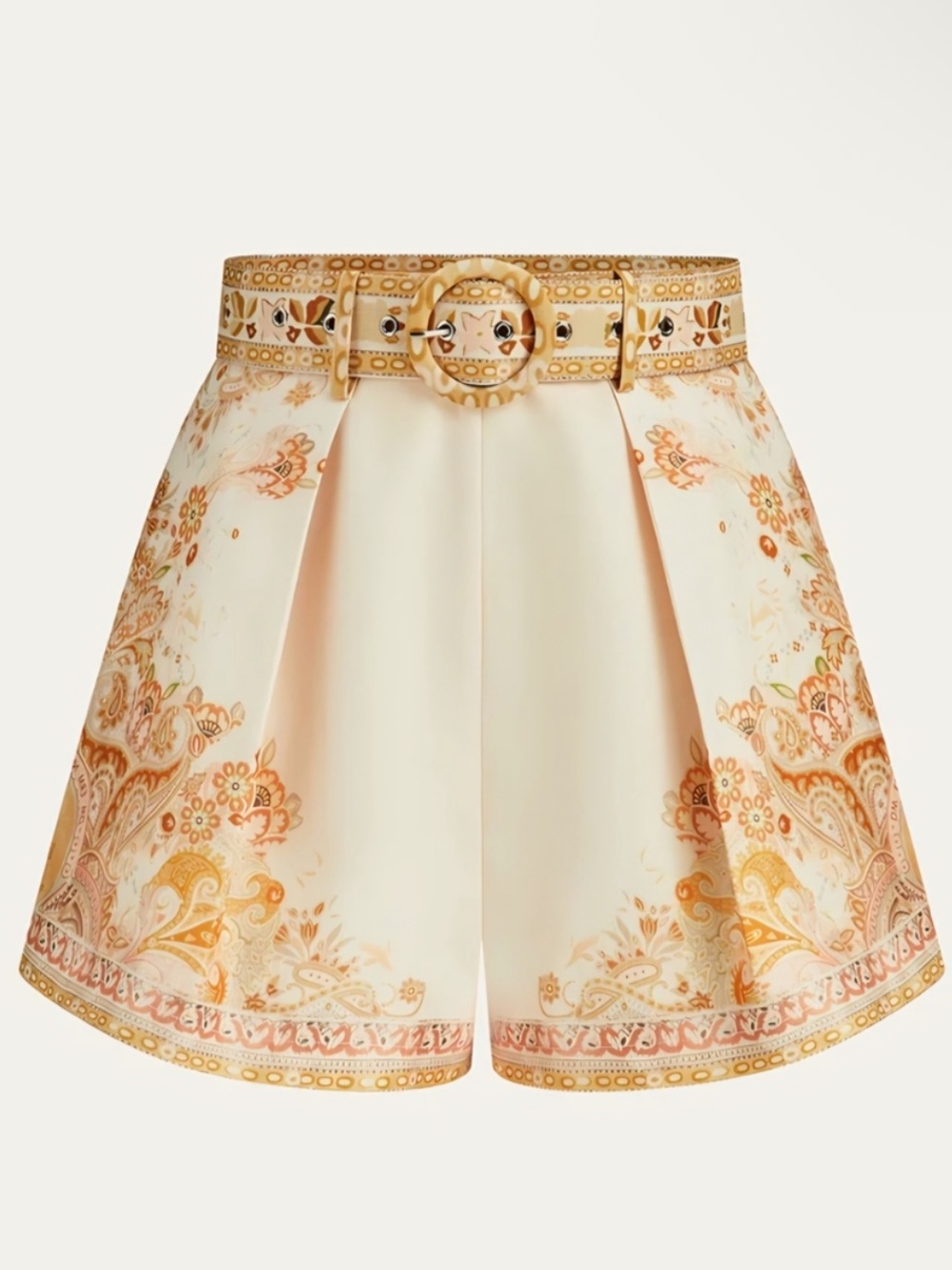 Commense Belted Boho Print Floral Tailored Cream Yellow Paisley Shorts Medium